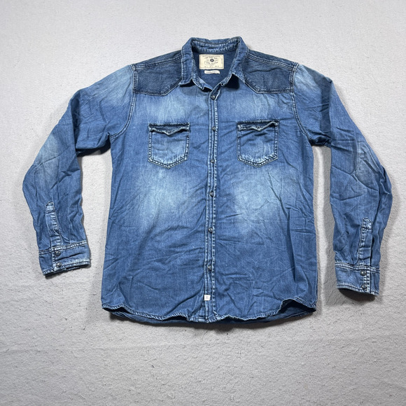 Zara Other - Zara Man Denim Shirt Men Large Slim Fit Long Sleeve Western Style Distressed